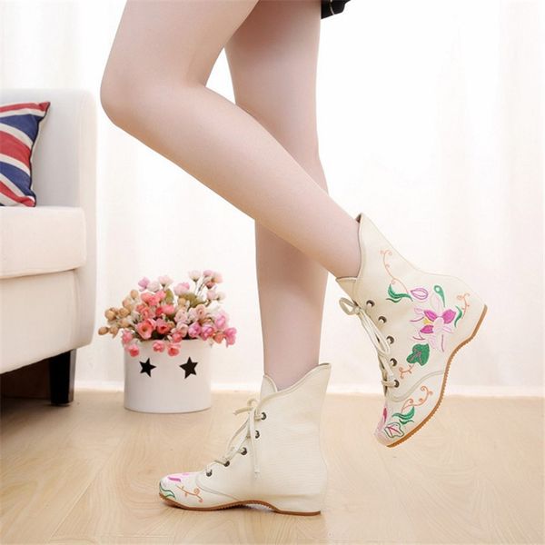 Hot Sale-Mulheres Outono Inverno Botas Mulheres Flor Bordado Botas Lace Botas Up salto baixo sapatos de lona retro é curto Bota Feminino Botas