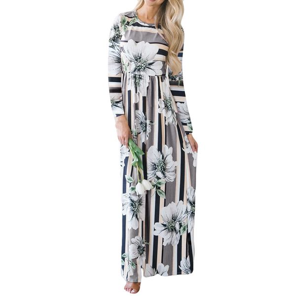 

womail women dress long sleeve circular collar striped printing stylish and comfortable women party dress m301217, Black;gray