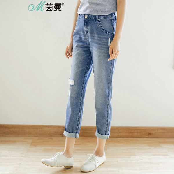 

инман осень хлопок мыть hole pant женщин моды брюки джинсы, Blue