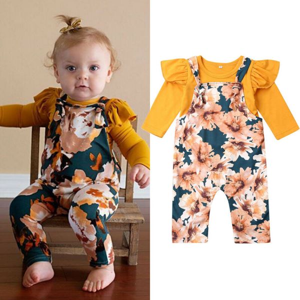 

emmababy 2pcs малышей детские baby girl одежда с длинным рукавом оборками цветочные tops + кальсоны общие эпикировка set осень зима, White