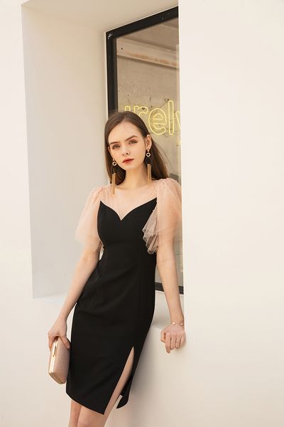 

retro fairy v-neck black dress gauze stitching slim fit banquet skirt evening dress banquet noble black skirt little party dress, White;black