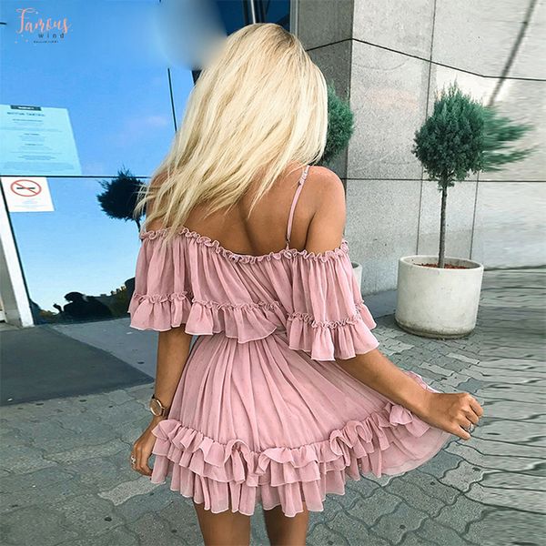 

sexy ruffle плеча женщины 2019 мини спагетти ремень летние платья holiday beach женский розовый короткие sundress, Black;gray