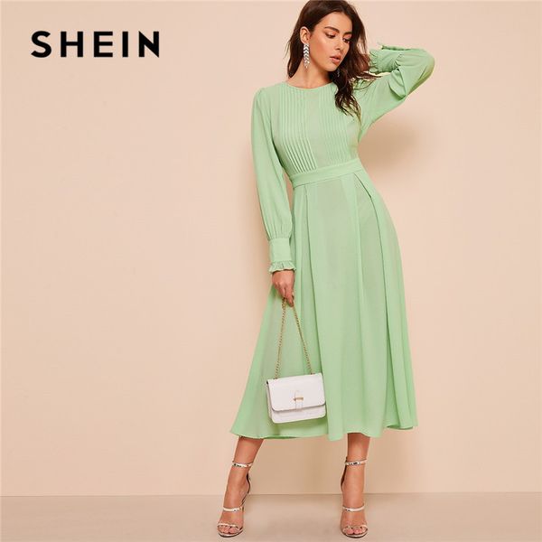 

shein frilled cuff pleated panel fit and flare maxi dress women spring elegant solid high waist a line long dress party dress, Black;gray