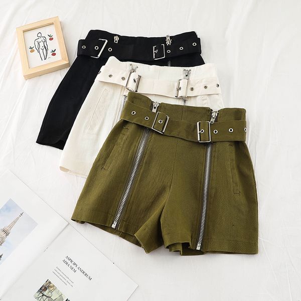 

summer casual cotton shorts women wide leg zips shorts, White;black