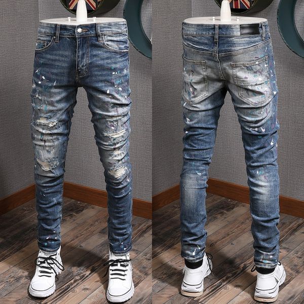

blue painted denim cotton jeans trousers man fashion slim straight zip close stretch effect for man