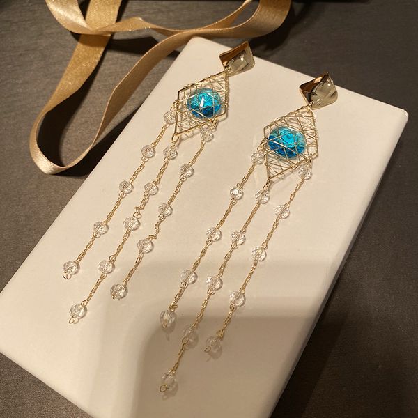 

dream blue crystal dream catcher earrings long tassel crystal beaded thin long pendant charm earrings, Golden