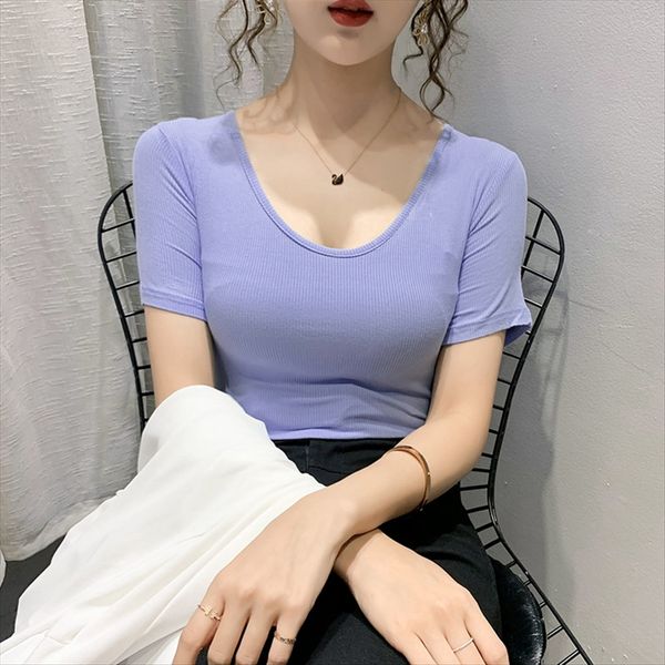 

2020 sweet hipster slim and slim v-neck solid color comfortable breathable pothole short-sleeved t-shirt female, White