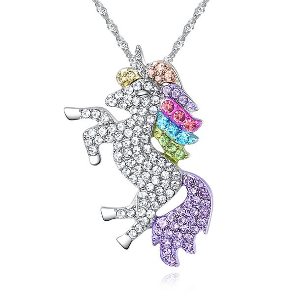 

crystal unicorn pendant necklace silver rose gold chain fashion design full rhinestone horse animal women christmas party jewelry lovely bir