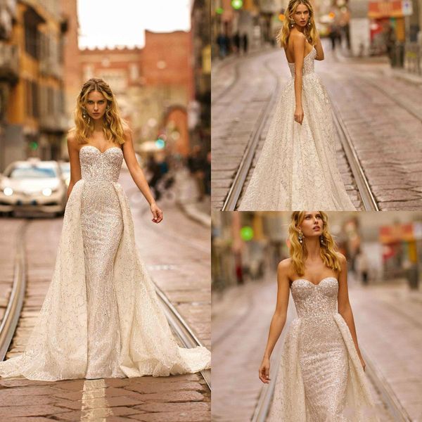 

berta vintage mermaid wedding dresses with detachable skirt 2020 sweetheart lace sequins beads beach sweep train boho vestidos de novia, White