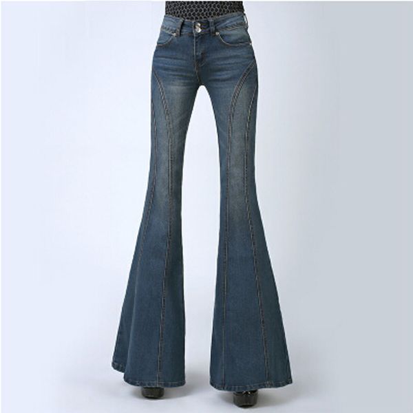 

женщина новая осень тонкий большой загрузки cut джинсы женщины упругие плюс размер джинсовые брюки мода клеш клеш джинсы, Blue