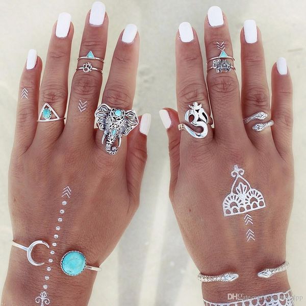 

fashion 8pcs set boho retro finger knuckle elephant snake turquoise rings lucky stackable midi rings set of rings for women party jewelry, Silver