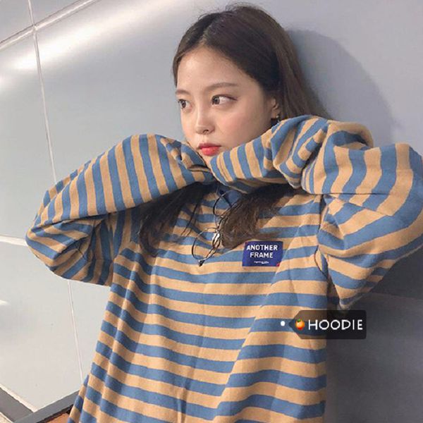 

women retro style spring autumn round collar stripes long sleeve t shirt