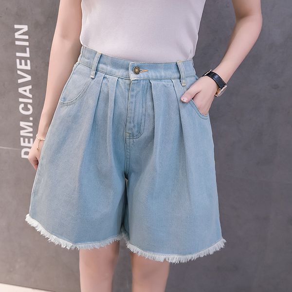 

pockets bleached women denim shorts high waist loose jeans shorts fashion summer femme, Blue