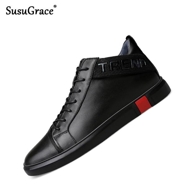 

susugrace luxury men's genuine leather shoes waterproof ankle boot high footwear soft black botas homme plus size fast ship