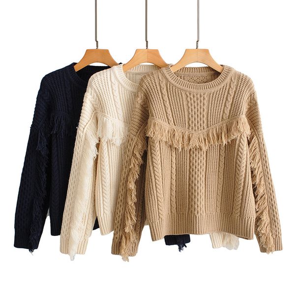 

autumn winter ladies casual tassel pullovers o-neck long sleeve sweater pullovers sweater female knitting, White;black