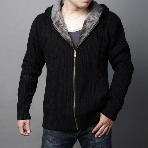 

mens wholesal men's new winter plus velvet sweatercoat coat solid color casual warm hooded zip thick sweater thick sweaters, White;black