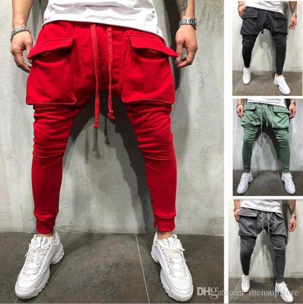

mens casual sports joggers pantalones spring autumn solid big pockets fitness athletic sweatpants, Black