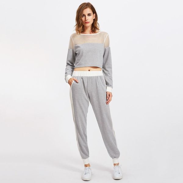 

2018 autumn new 2 pcs women sweatshirts hoodies set mesh patch hollow out cropped harajuku hoodies + sweatshirtpants, Black