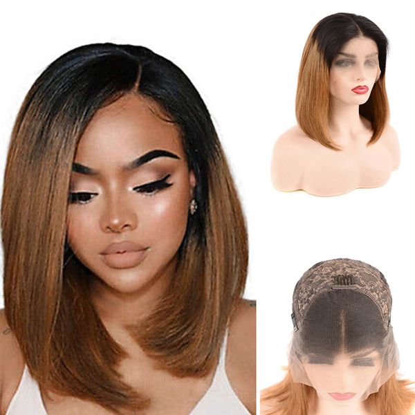 

13x4 lace front wig bob indian virgin hair straight middle part short bob wigs 1b 30 human hair 10-18inch, Black;brown