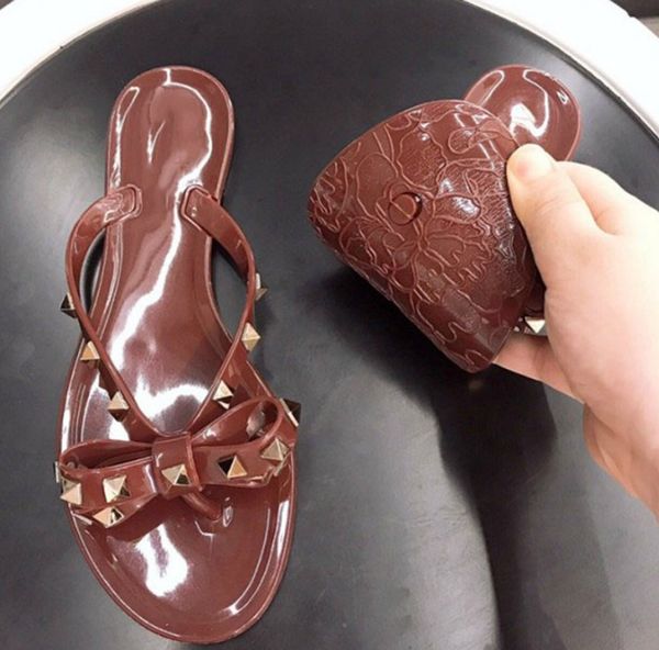 

women designer sandals rivet brands bow knot flat slippers sandal studded girl shoes new arrivel jelly platform slides lady flip flops 35-41, Black