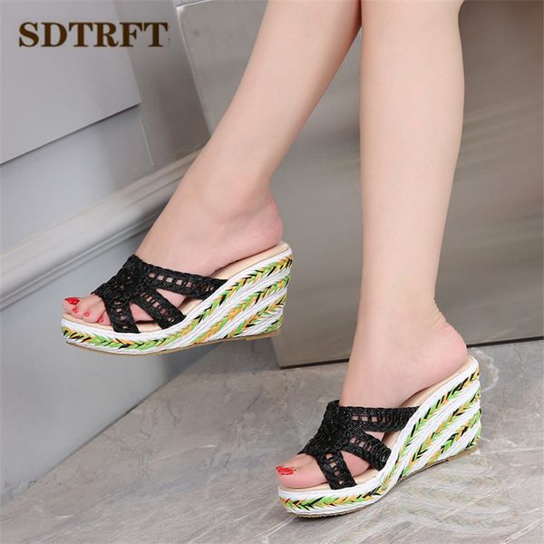 

sdtfet shoes moman slipper slides pantoufle femme flip flops 9cm high-heeled sandals wedges pumps small yards:30 31 32 33 34-43, Black