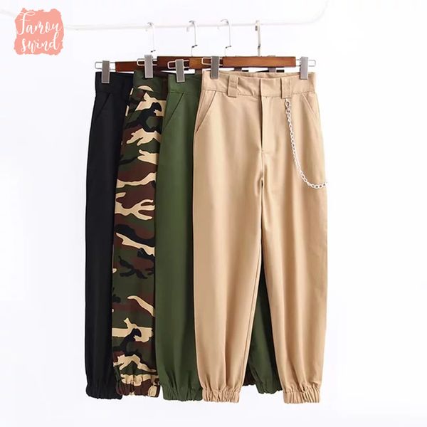 

мода 2019 военный камуфляж брюки женщины army black высокой талией сыпучие camo sweatpants брюки брюки street jogger, Black;white