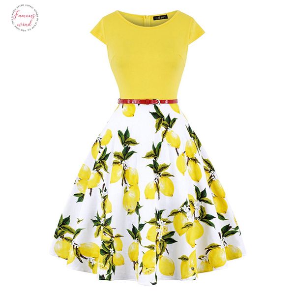 

plus size 4xl dress kleding vrouwen vintage elegant cap sleeve lemon flower print pin up fashionable dresses polyester kerst jurk, Black;gray