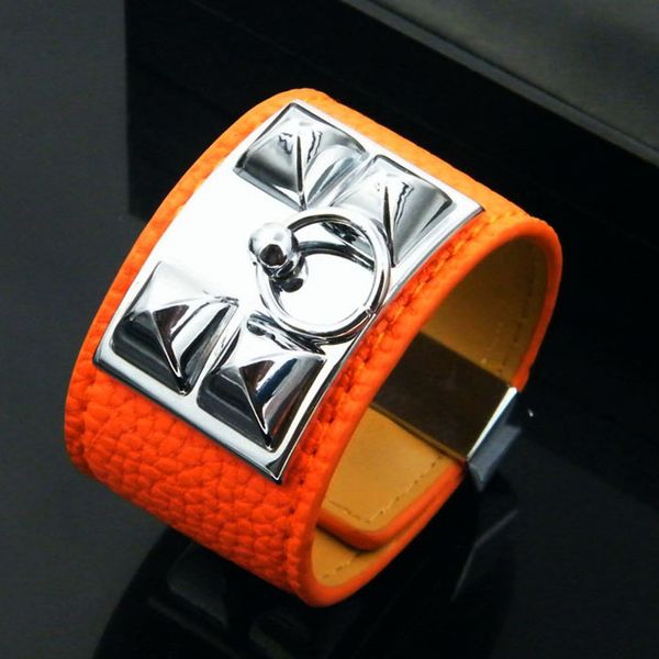 

2019 high-quality 6 color PU leather bracelet bangle for women's wide version of lychee large rivet silver color bracelet jewelry