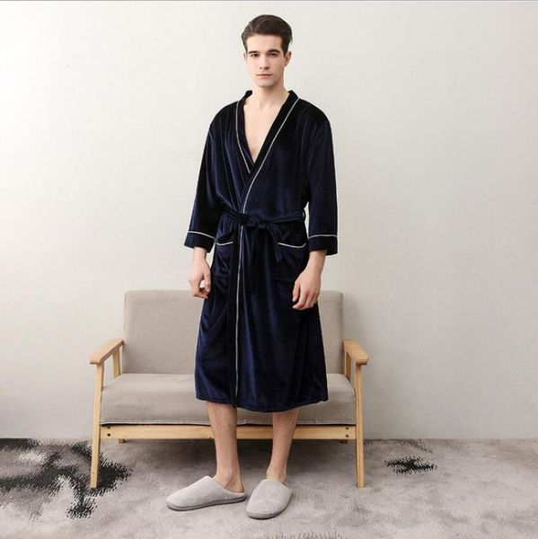 

warm men home clothes lint soft bathrobe long kimono robe dressing gown solid sleepwear male long sleeve nightgown, Black;brown