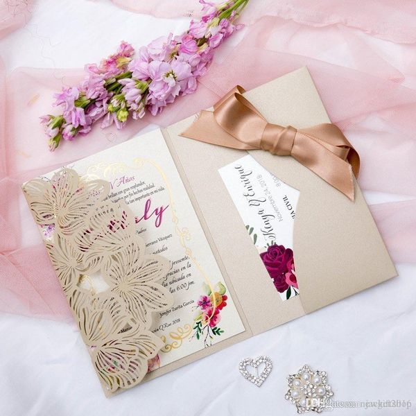 2019 Blush Beige Laser Cut Pocket Wedding Invitation Kits Trifold Shimmer Beach Wedding Invites With Belly Band Free Printing Make Own Wedding