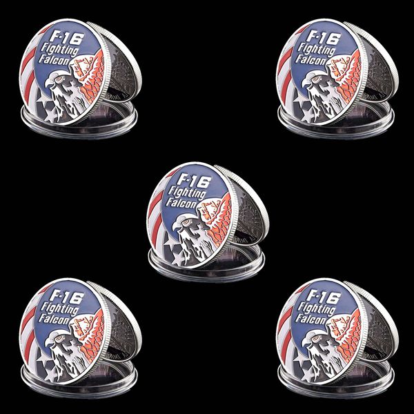 

5pcs challenge coin american combat aircraft f16 helicopter falcon us eagle military craft silver plated badge collectible