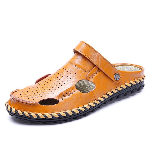 

sandals summer breathable beach men genuine leather slippers elastic sneakers causal shoes male flip flops large size, Black