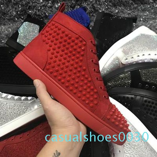 

wholesale famous designer brand for men gold silver rhinestone red bottom sneakers lovers genuine leather high casual flats shoes c30, Black