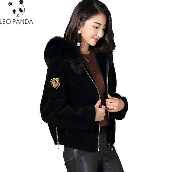 

sheep shear leather fur jacket women's short leather sheep wool coat fox hair hooded coat zipper fasten natural hoody overcoat, Black