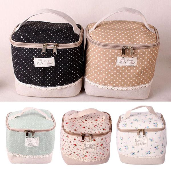 

cotton linen floral dot cosmetic bag women makeup case travel organizer hand-held toiletry bag zipper beauty case large capacity