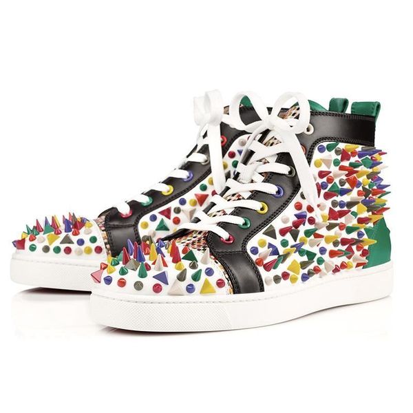 

designer fashion red bottoms shoe studded spikes flat sneakers for men women glitter party lovers genuine leather casual rivet sneaker i6, Black