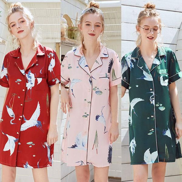 

casual sleepwear women summer night dress short style printed silk home nightgown camisolas sensuais sleepshirts sleep wear #c4, Black;red