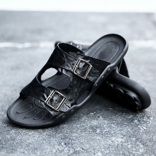 

genuine leather slippers mens flat sandals women shoes double buckle famous brand arizona summer beach flip flops quality, Black