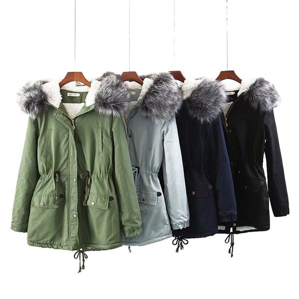 

2019 winter new parkas waist slim hooded big fur collar plus velvet thickening ladies long section cotton jacket cotton jacket, Black