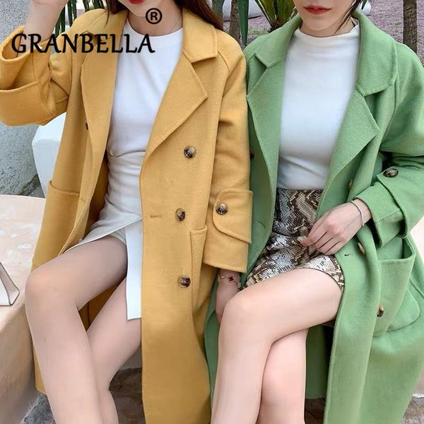 

fashion wool long trench drop shoulder oversized coat double breasted waist belt long sleeved sides pockets, Black