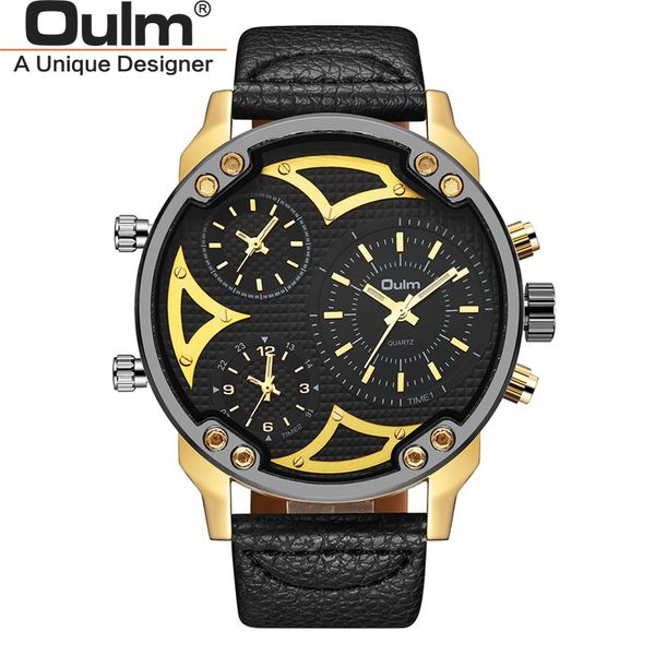 

oulm three time zone men's wrist watches male quartz clock casual leather strap watches men sport watch, Slivery;brown