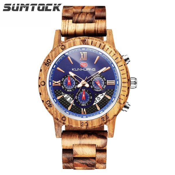 

sumtock wooden sports men's quartz watches relogio masculino luxury stylish multi-function chronograph watch for man, Slivery;brown