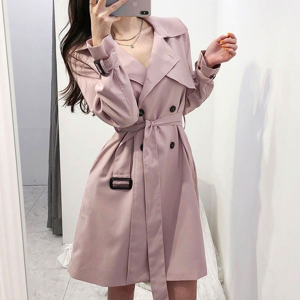 

women autumn trench coat long sleeve turn down collar button elegant jurken 2019 new fashion casual vintage windbreaker, Tan;black