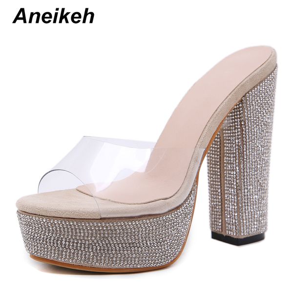 

aneikeh transparent pvc women sandals platform heels elegant crystal high heels peep toe dress lady shoes fashion slip on pumps, Black
