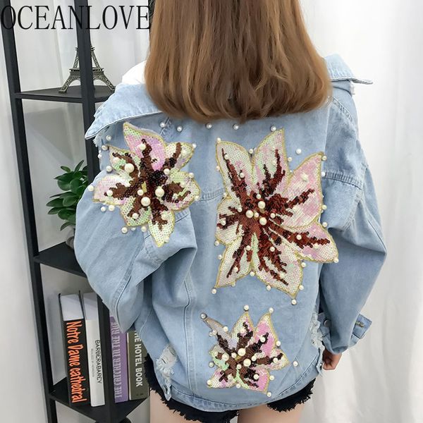 

oceanlove beading floral streetwear denim jacket women autumn fashion single breasted outwear 2019 holes chaqueta mujer 12727, Black;brown