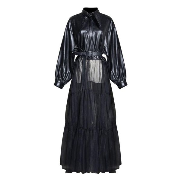 

long-sleeved mesh splicing leather women autumn winter 2019 new tide slim over knee coat with belt black long coat, Tan;black