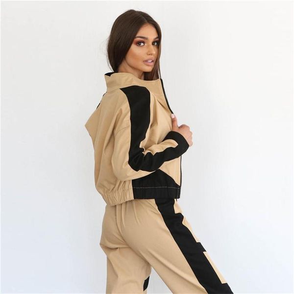 

womens jacket fashion contrast color zipper fly coat street styles long sleeve donna clothes new designer patchwork, Black;brown