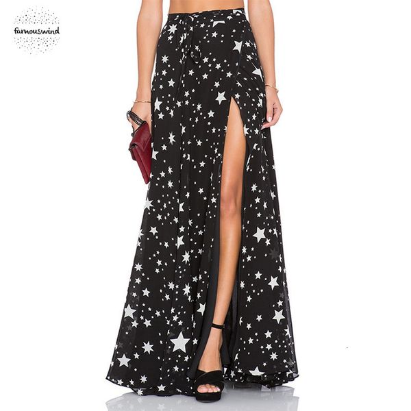 

шифон юбка 2019 длина моды высокой талией длинные юбки женщин плиссированные star печать пола split fs0277 хорошее качество перевозка груза, Black