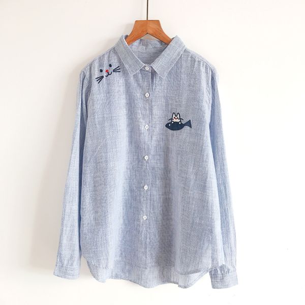 

весна новый мультфильм вышитый свежий синий и белый полосатый базовая рубашка основной лацкан свободная рубашка женская с длинным рукавом то, White