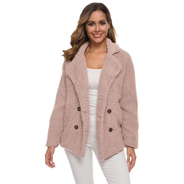 

wipalo s-5xl plus size autumn winter women coat solid wide lapel loose warm outwear with button casual windproof faux fur coat, Tan;black